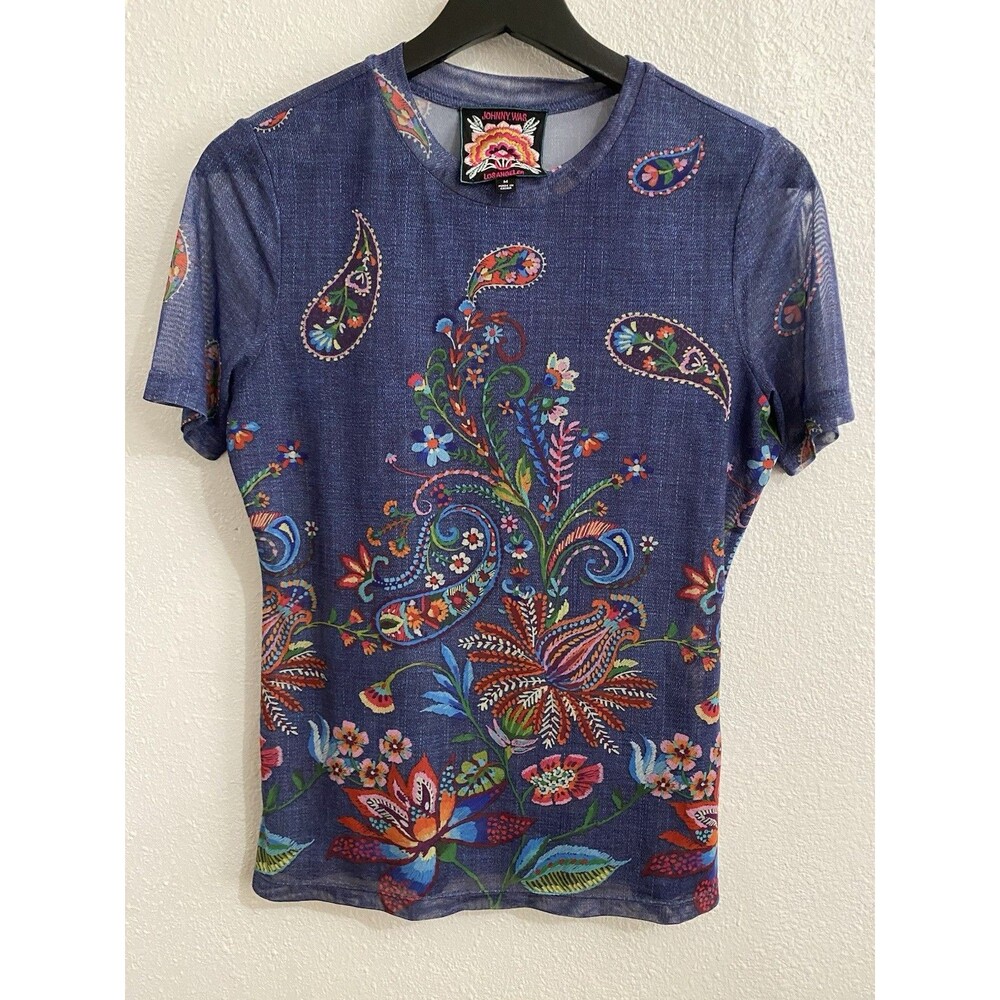 Johnny Was Sheer Floral Short Sleeve Top Blouse M D62